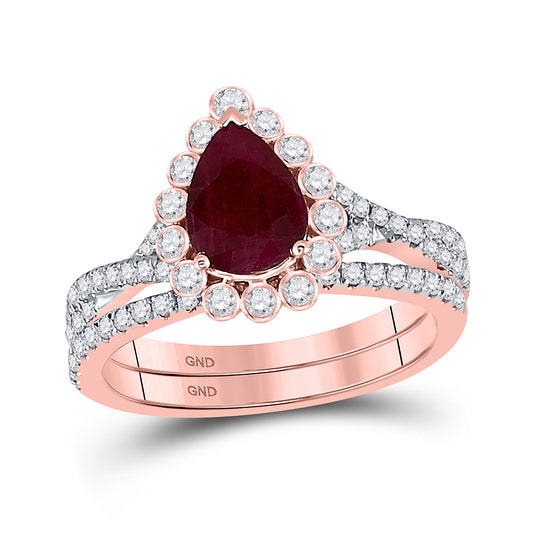 14K Rose Gold Pear Ruby Diamond Halo Bridal Wedding Ring Band Set 1-7/8 Cttw, Womens Size: 5-10