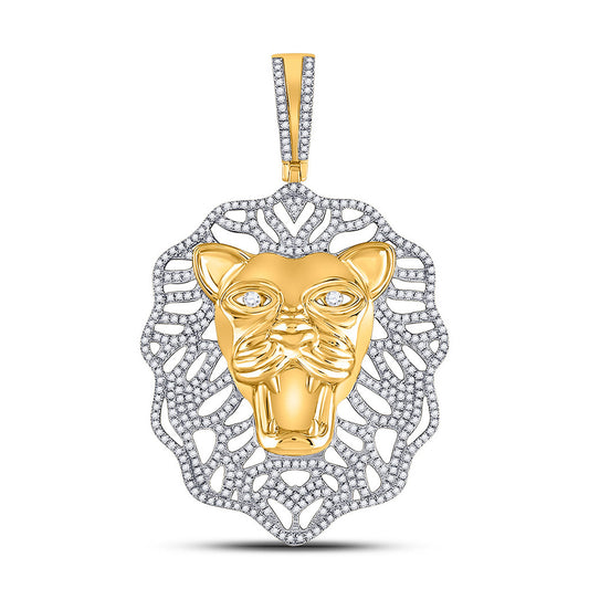 10K Yellow Gold Mens Round Diamond Lion Head Charm Pendant 1-1/4 Cttw