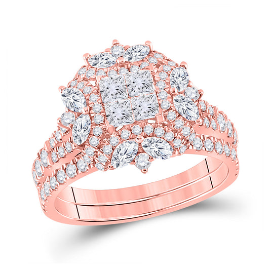 14K Rose Gold Princess Marquise Diamond Bridal Wedding Ring Band Set 1-3/4 Cttw, Womens Size: 5-10