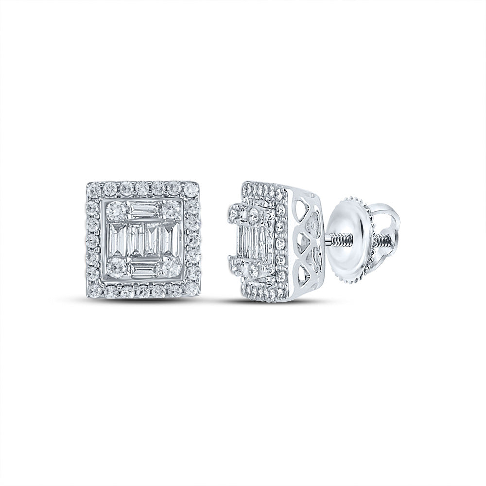 14K White Gold Womens Baguette Diamond Square Cluster Earrings 3/8 Cttw, Length: 0.3 In, Width: 0.3 In