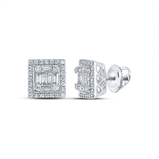 14K White Gold Womens Baguette Diamond Square Cluster Earrings 3/8 Cttw, Length: 0.3 In, Width: 0.3 In