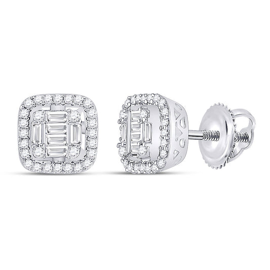 14K White Gold Womens Baguette Diamond Fashion Cushion Cluster Earrings 3/8 Cttw
