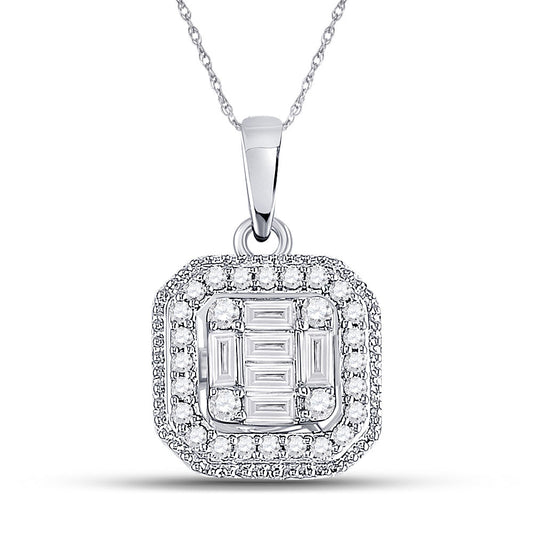 14K White Gold Womens Baguette Diamond Fashion Cluster Pendant 1/4 Cttw, Length: 0.61 In, Width: 0.32 In