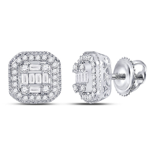 14K White Gold Womens Baguette Diamond Fashion Cluster Earrings 3/8 Cttw, Length: 0.33 In, Width: 0.33 In