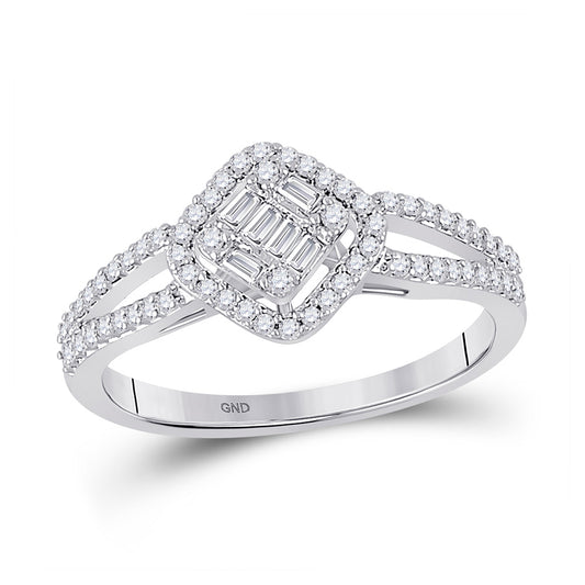 14K White Gold Womens Baguette Diamond Offset Square Cluster Ring 3/8 Cttw, Womens Size: 5-10