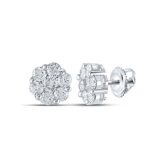 14K White Gold Womens Round Diamond Flower Cluster Earrings 2 Cttw