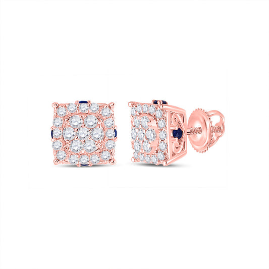 14K Rose Gold Womens Round Diamond Blue Sapphire Cluster Earrings 1/2 Cttw