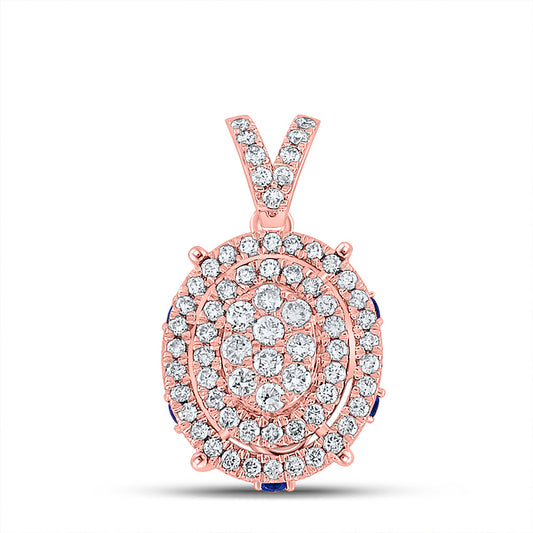 14K Rose Gold Womens Round Diamond Blue Sapphire Oval Pendant 1/2 Cttw