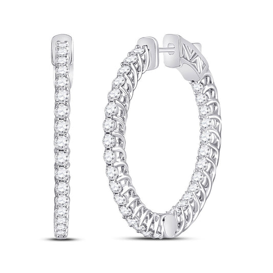 14K White Gold Womens Round Diamond Single Row Hoop Earrings 3 Cttw, Length: 1.34 In