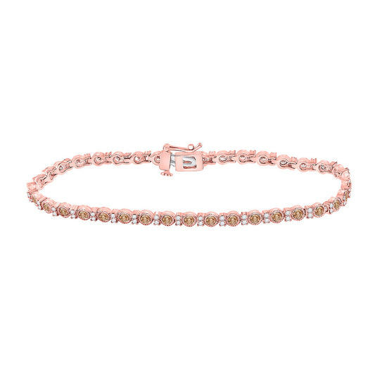 14K Rose Gold Womens Round Brown Diamond Single Row Tennis Bracelet 2 Cttw