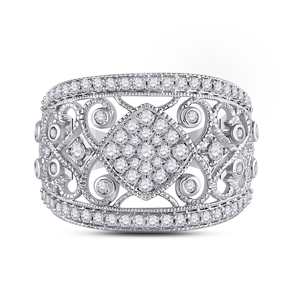 14K White Gold Womens Round Diamond Filigree Fashion Ring 3/4 Cttw, Womens Size: 5-10