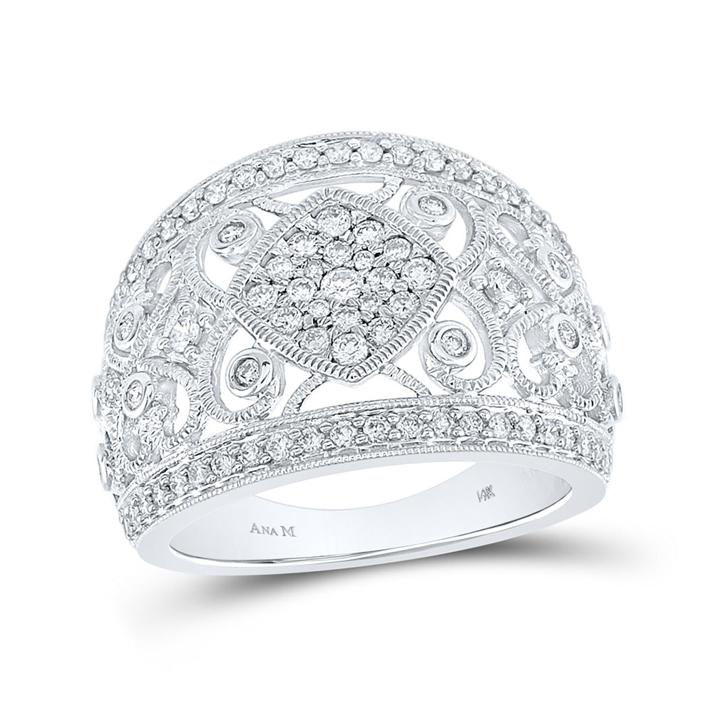 14K White Gold Womens Round Diamond Filigree Fashion Ring 3/4 Cttw, Womens Size: 5-10