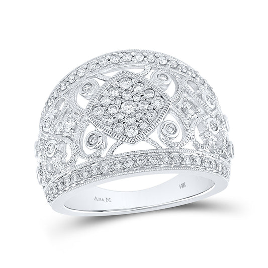 14K White Gold Womens Round Diamond Filigree Fashion Ring 3/4 Cttw, Womens Size: 5-10