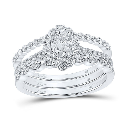 14K White Gold Oval Diamond 3-Piece Bridal Wedding Ring Band Set 1 Cttw, Womens Size: 5-10