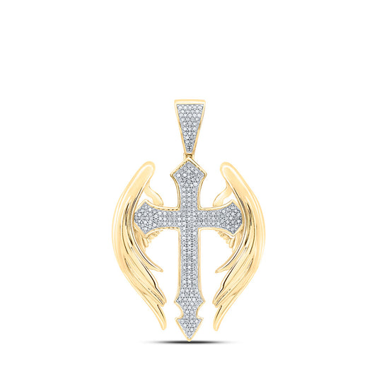 10K Yellow Gold Mens Round Diamond Wings Cross Charm Pendant 1/2 Cttw, Length: 2 In, Width: 1.25 In