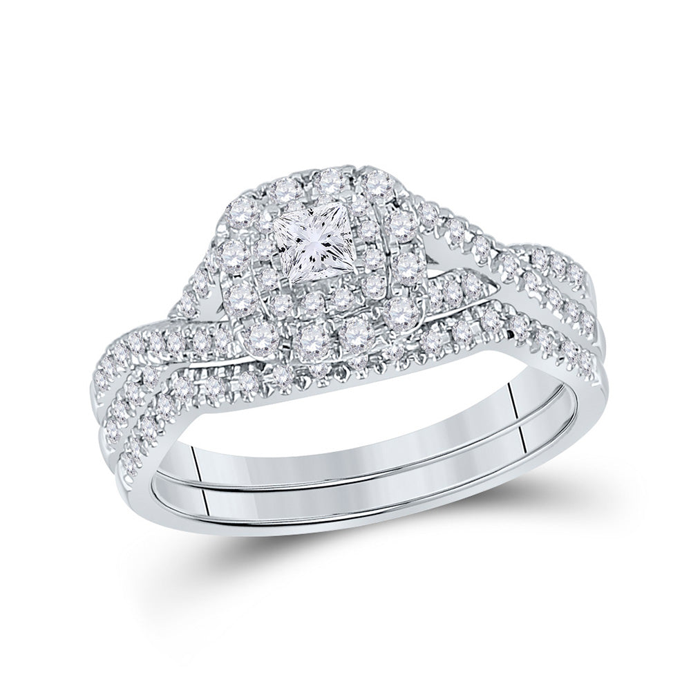 14K White Gold Princess Diamond Halo Bridal Wedding Ring Band Set 1/2 Cttw, Womens Size: 5-10