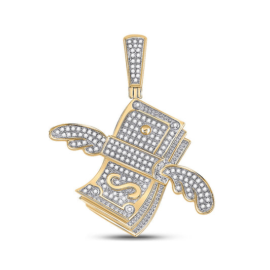 10K Yellow Gold Mens Round Diamond Flying Dollar Money Charm Pendant 1/2 Cttw