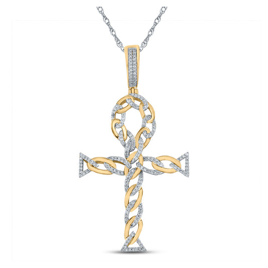 10K Yellow Gold Mens Round Diamond Ankh Cross Charm Pendant 3/8 Cttw