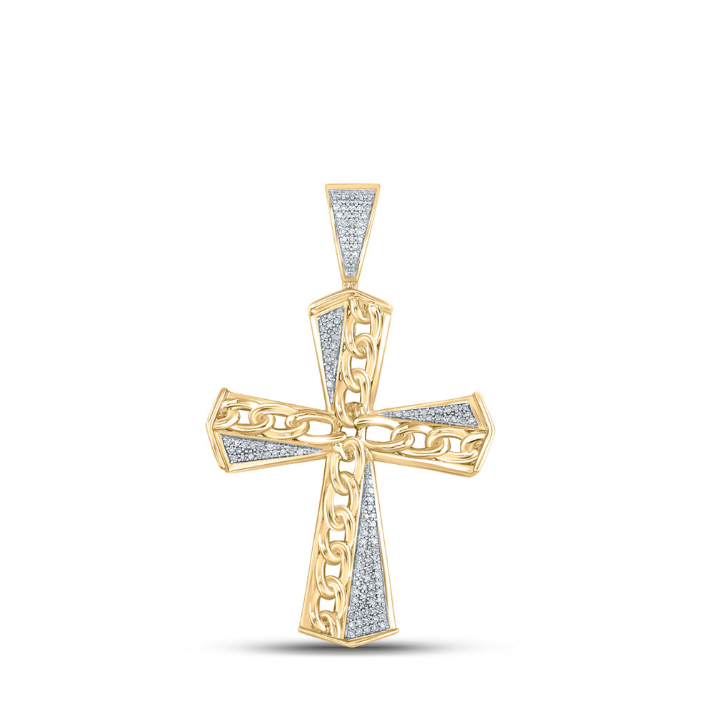 10K Yellow Gold Mens Round Diamond Cuban Link Cross Charm Pendant 1/3 Cttw