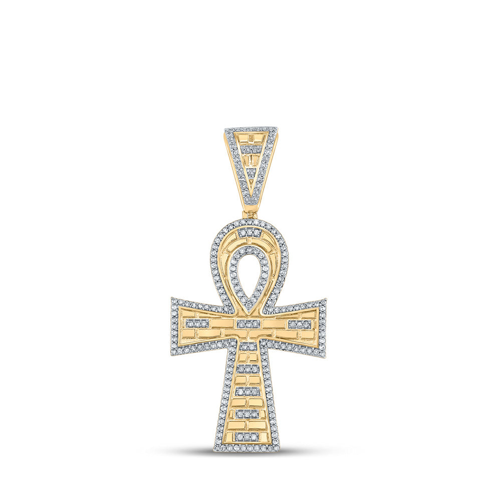 10K Yellow Gold Mens Round Diamond Ankh Cross Charm Pendant 1/2 Cttw