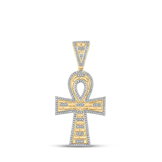 10K Yellow Gold Mens Round Diamond Ankh Cross Charm Pendant 1/2 Cttw