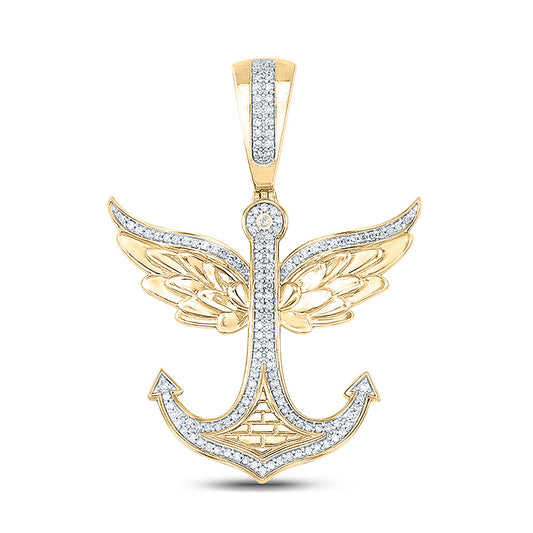 10K Yellow Gold Mens Round Diamond Anchor Wings Charm Pendant 1/3 Cttw, Length: 1.65 In, Width: 1.15 In
