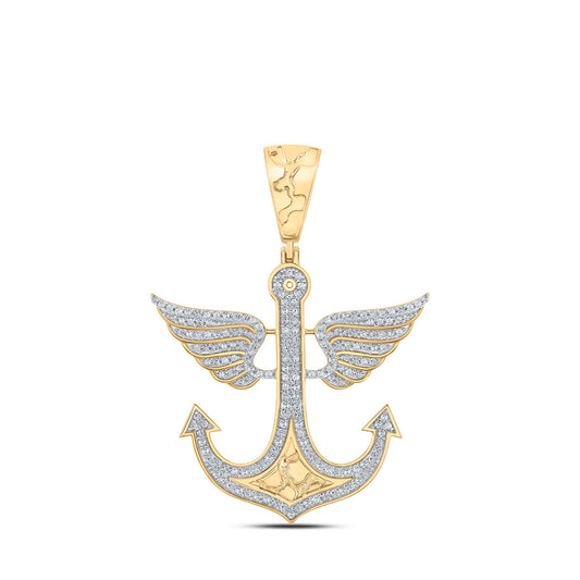 10K Yellow Gold Mens Round Diamond Anchor Wing Charm Pendant 1/2 Cttw