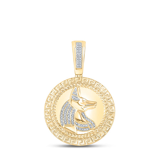 10K Yellow Gold Mens Round Diamond Anubis Egypt Circle Charm Pendant 1/5 Cttw