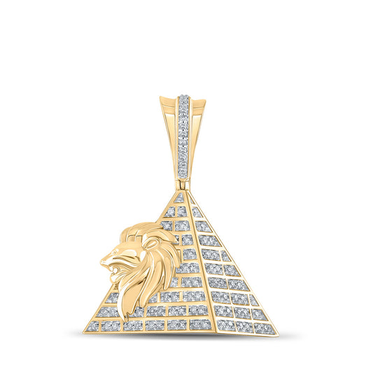 10K Yellow Gold Mens Round Diamond Lion Pyramid Charm Pendant 1/4 Cttw