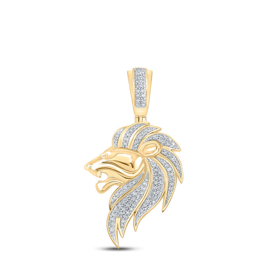 10K Yellow Gold Mens Round Diamond Lion Head Charm Pendant 1/3 Cttw