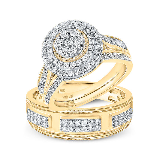 10K Yellow Gold His Hers Round Diamond Cluster Matching Wedding Set 1-1/4 Cttw, Womens Size: 5-10, Mens Size: 7-13