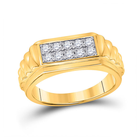 10K Yellow Gold Mens Round Diamond Ribbed Flat Top Band Ring 1/2 Cttw, Mens Size: 7-13