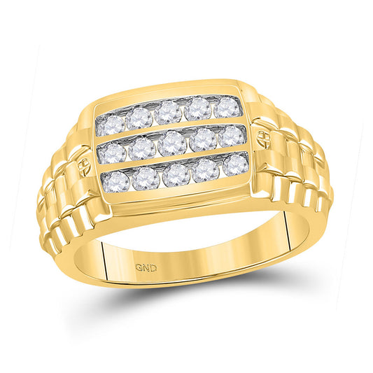10K Yellow Gold Mens Round Diamond Ribbed Band Ring 3/4 Cttw, Mens Size: 7-13