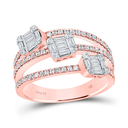 14K Rose Gold Womens Baguette Diamond Cluster 3-stone Ring 3/4 Cttw, Womens Size: 5-10