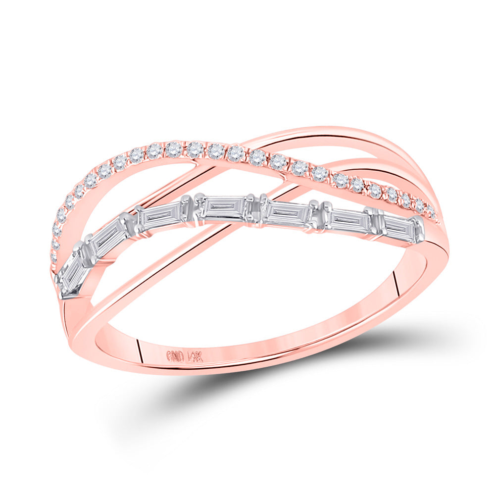 14K Rose Gold Womens Baguette Round Diamond Crossover Band Ring 1/4 Cttw, Womens Size: 5-10