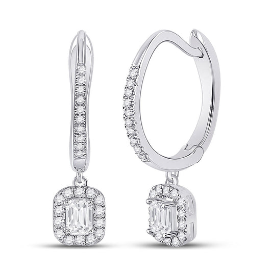 14K White Gold Womens Emerald Diamond Hoop Dangle Earrings 1/2 Cttw