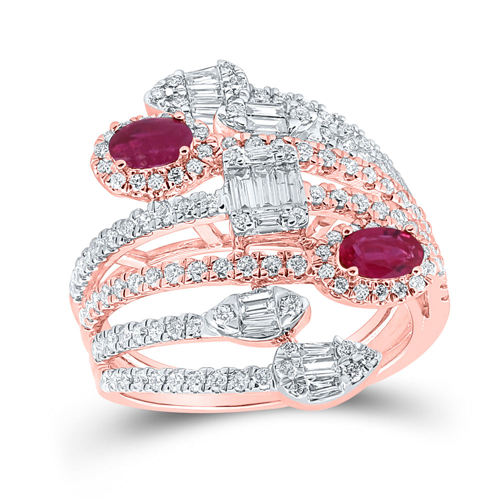 14K Rose Gold Womens Oval Ruby Diamond Spiral Cocktail Ring 1-3/4 Cttw, Womens Size: 5-10