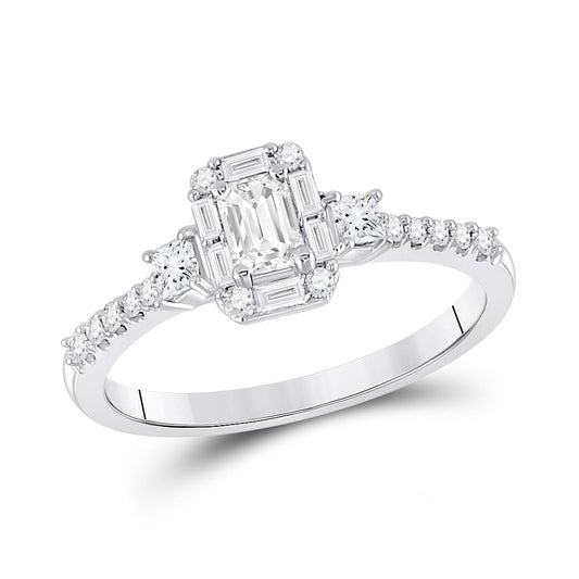 14K White Gold Emerald Diamond 3-stone Bridal Wedding Engagement Ring 5/8 Cttw, Womens Size: 5-10