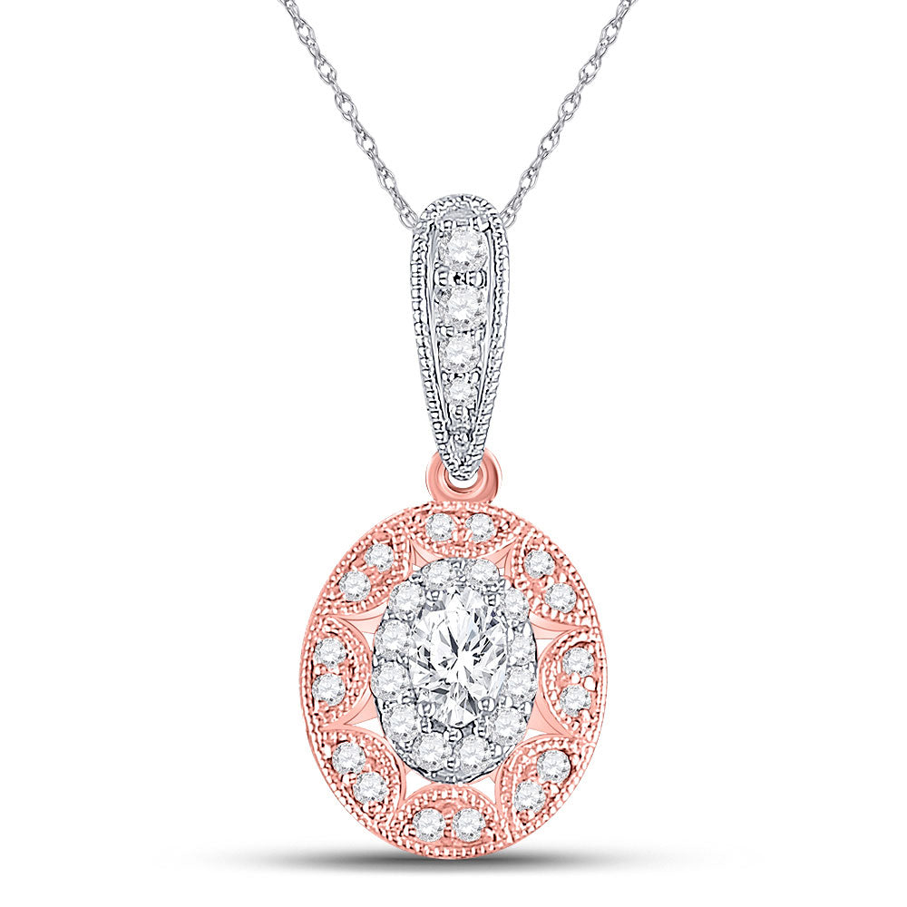 14K Two-tone Gold Womens Oval Diamond Vintage Inspired Halo Pendant 3/8 Cttw