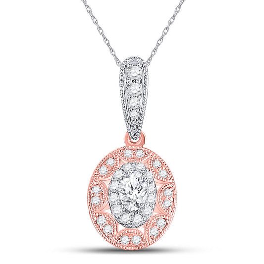 14K Two-tone Gold Womens Oval Diamond Vintage Inspired Halo Pendant 3/8 Cttw