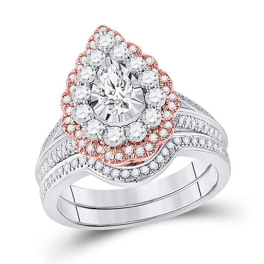 14K Two-tone Gold Pear Diamond Bridal Wedding Ring Band Set 1-1/3 Cttw, Womens Size: 5-10