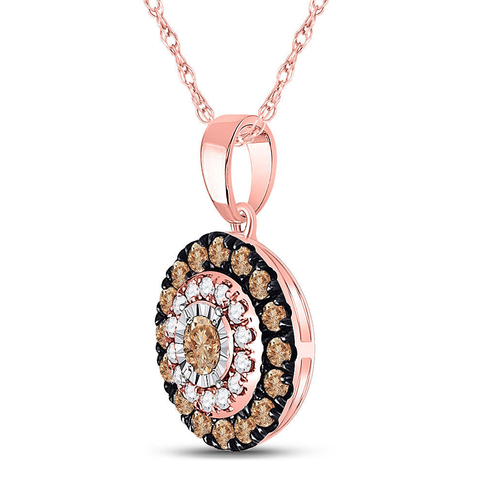 14K Rose Gold Womens Round Brown Diamond Halo Solitaire Pendant 3/8 Cttw