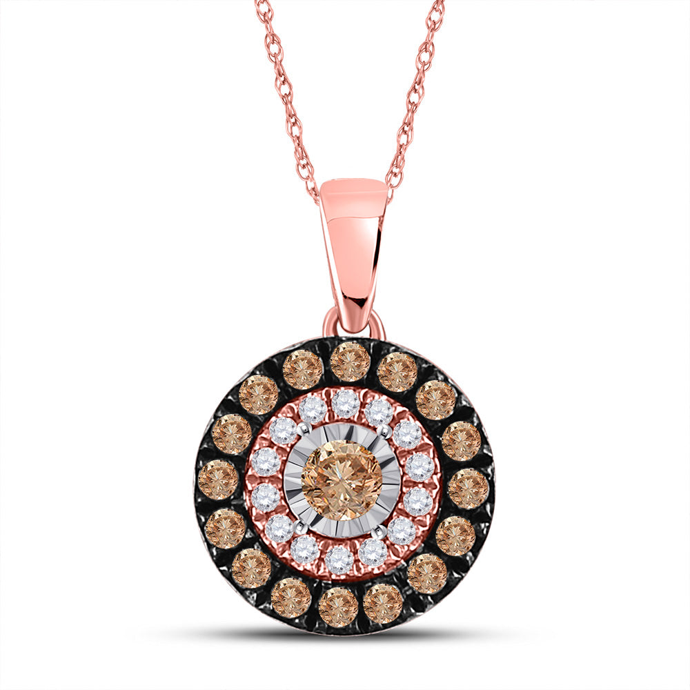 14K Rose Gold Womens Round Brown Diamond Halo Solitaire Pendant 3/8 Cttw