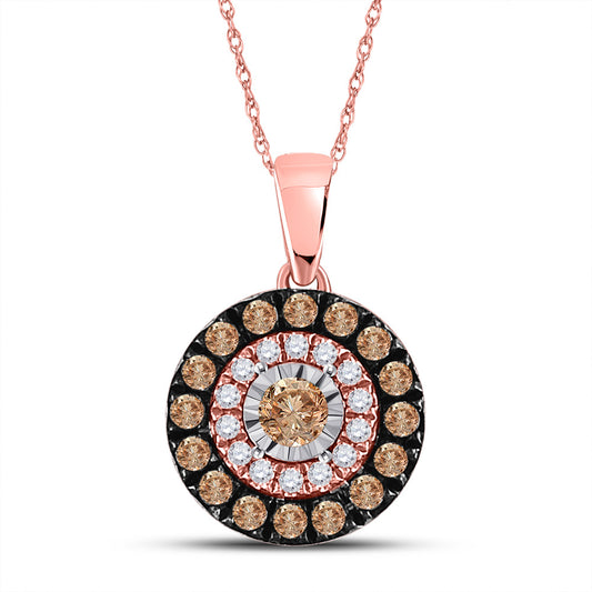 14K Rose Gold Womens Round Brown Diamond Halo Solitaire Pendant 3/8 Cttw