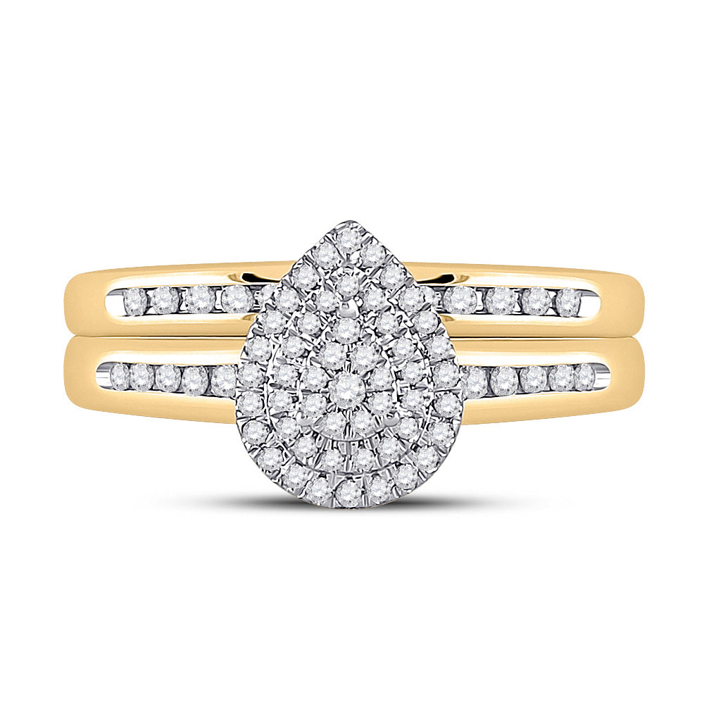 10K Yellow Gold Round Diamond Pear Bridal Wedding Ring Band Set 1/3 Cttw, Womens Size: 5-10