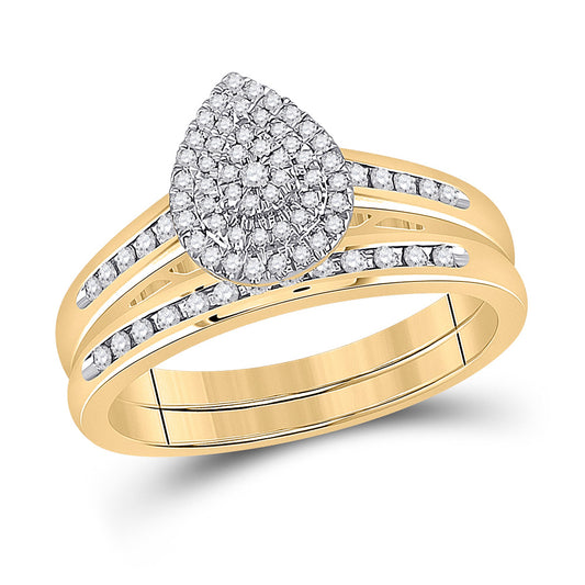 10K Yellow Gold Round Diamond Pear Bridal Wedding Ring Band Set 1/3 Cttw, Womens Size: 5-10
