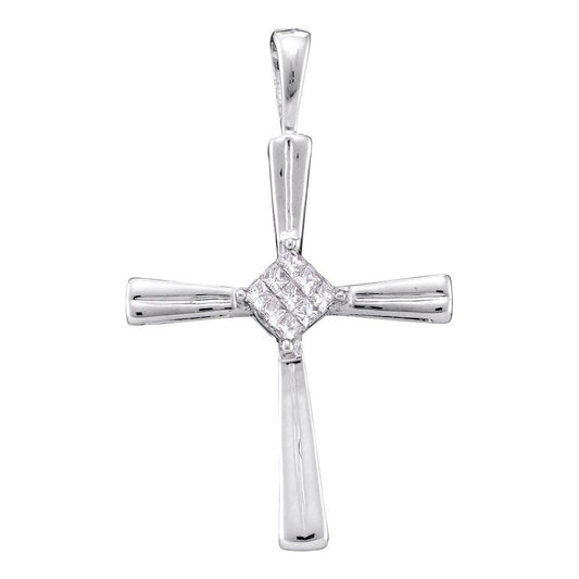 14K White Gold Womens Princess Diamond Cross Pendant 1/10 Cttw, Length: 1.08 In, Width: 0.67 In