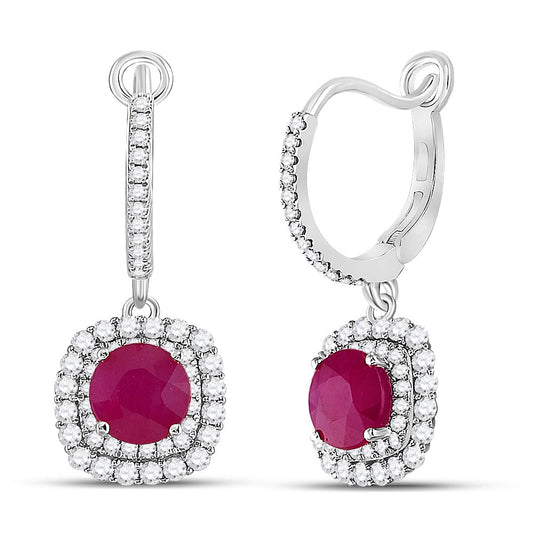 14K Yellow Gold Womens Round Ruby Diamond Hoop Dangle Earrings 2-3/4 Cttw