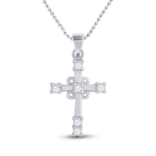 10K White Gold Womens Round Diamond Cross Pendant 1/10 Cttw