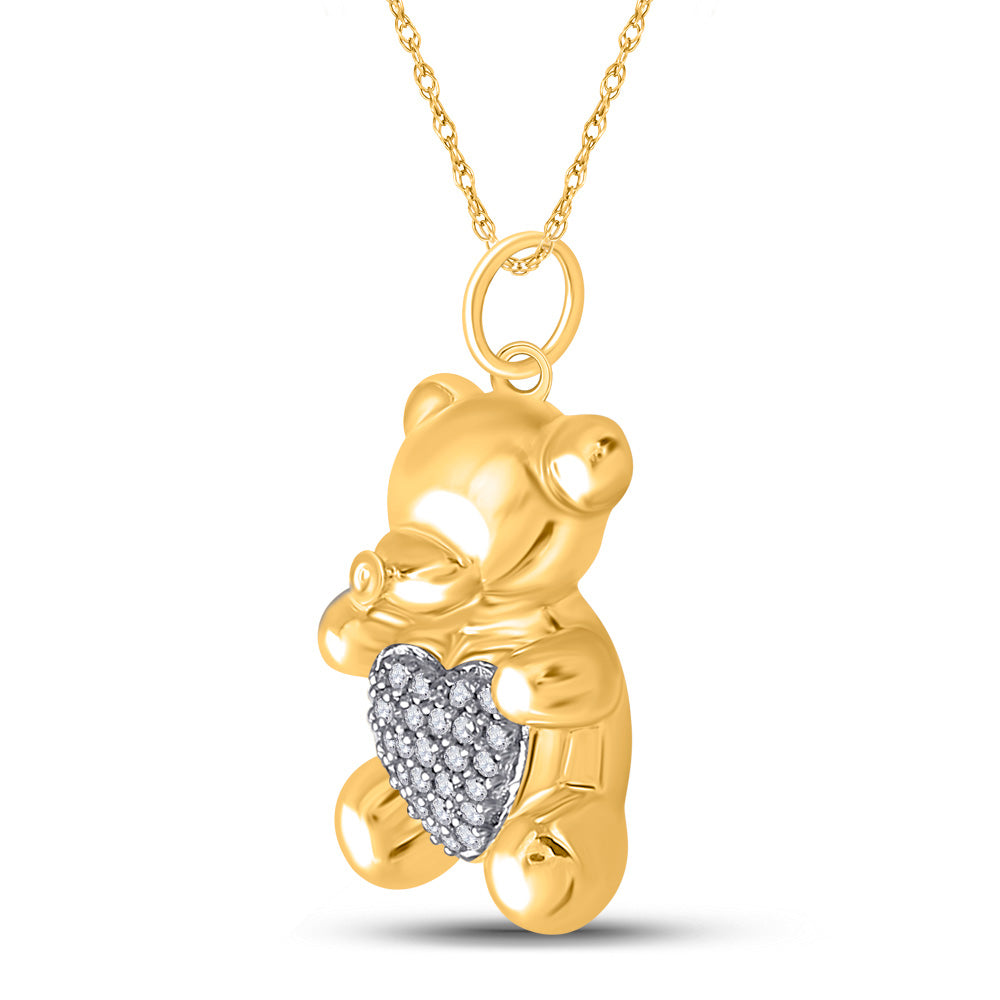 10K Yellow Gold Womens Round Diamond Bear Heart Animal Pendant 1/10 Cttw